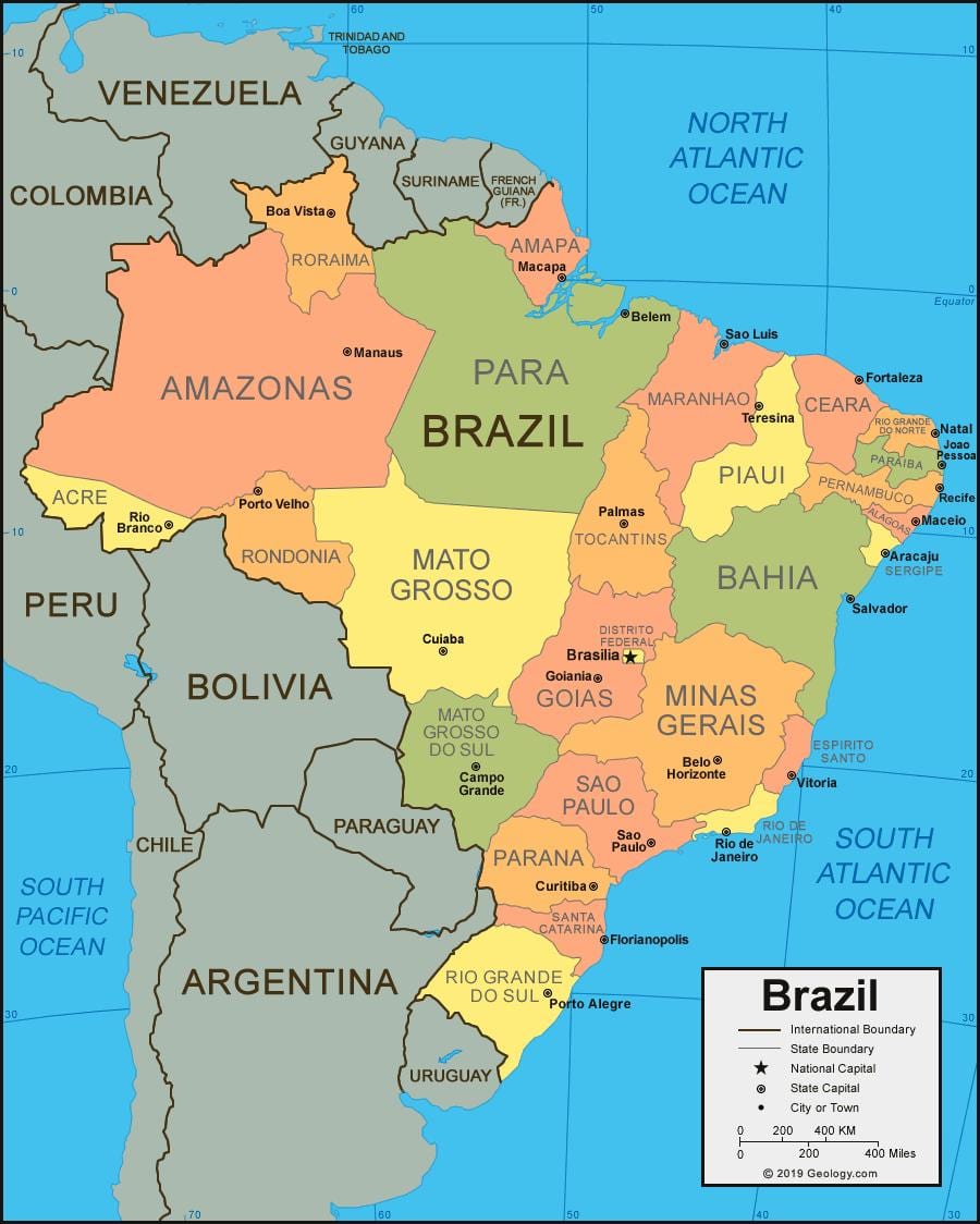 Mapa Brazylii z państwami